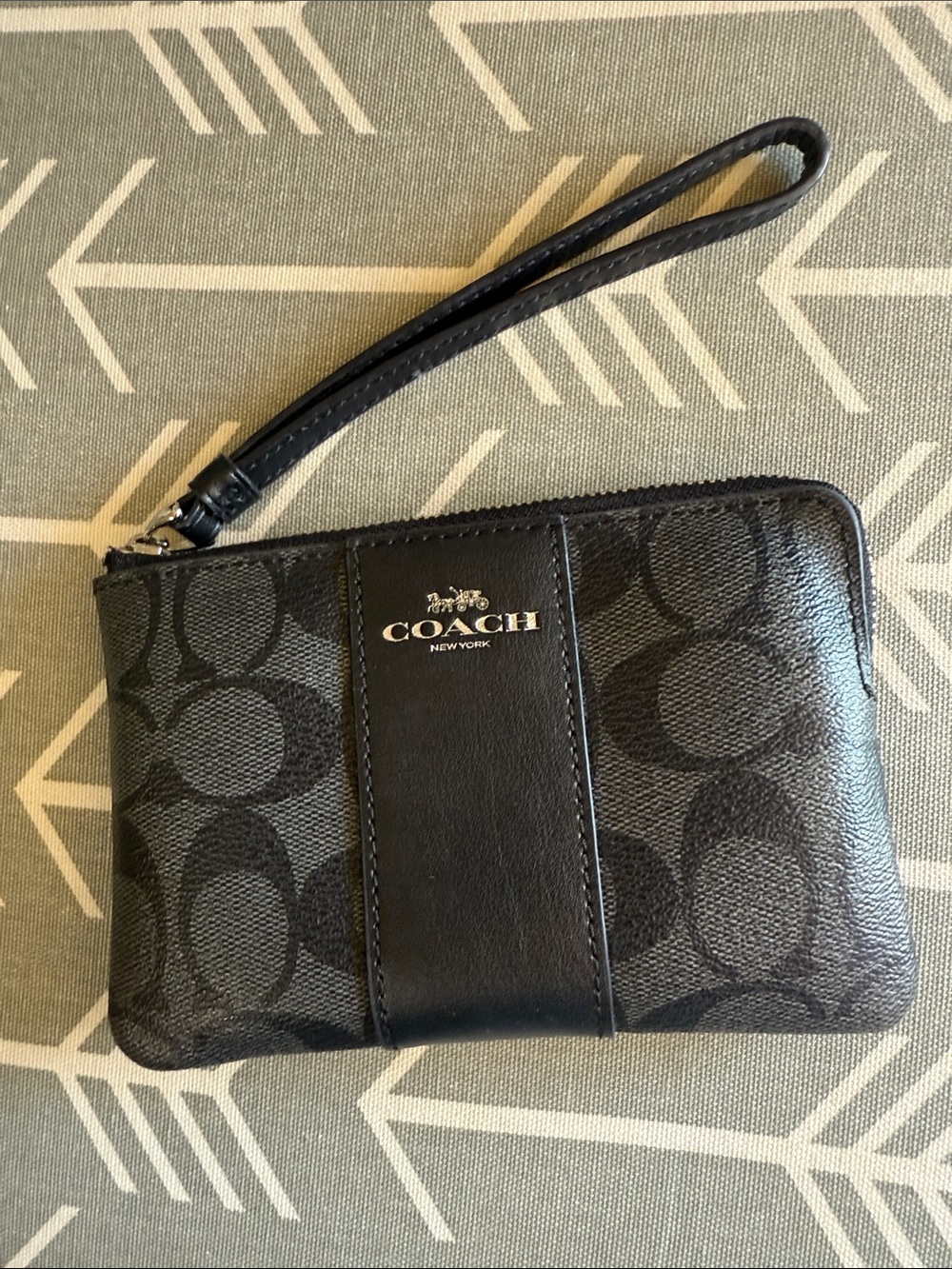 Coach Black Signature Corner Zip Wristlet with Leather Center Panel